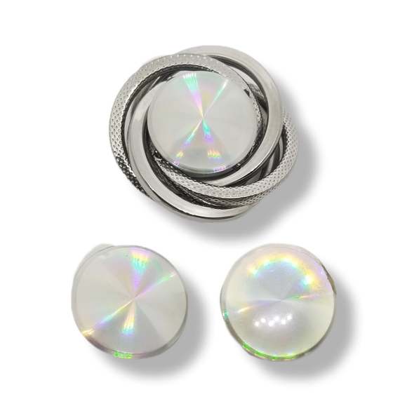 1960s RAINBOW DIFFRACTION DISK SILVERTONE BROOCH & CLIP ON EARRINGS SET - Picture 1 of 4